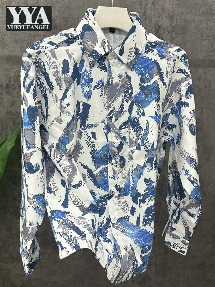 

Spring Autumn Male Square Collar Floral Printed Shirt Long Sleeve Single Breasted Business Casual Tops Fashion Loose Fit Shirt