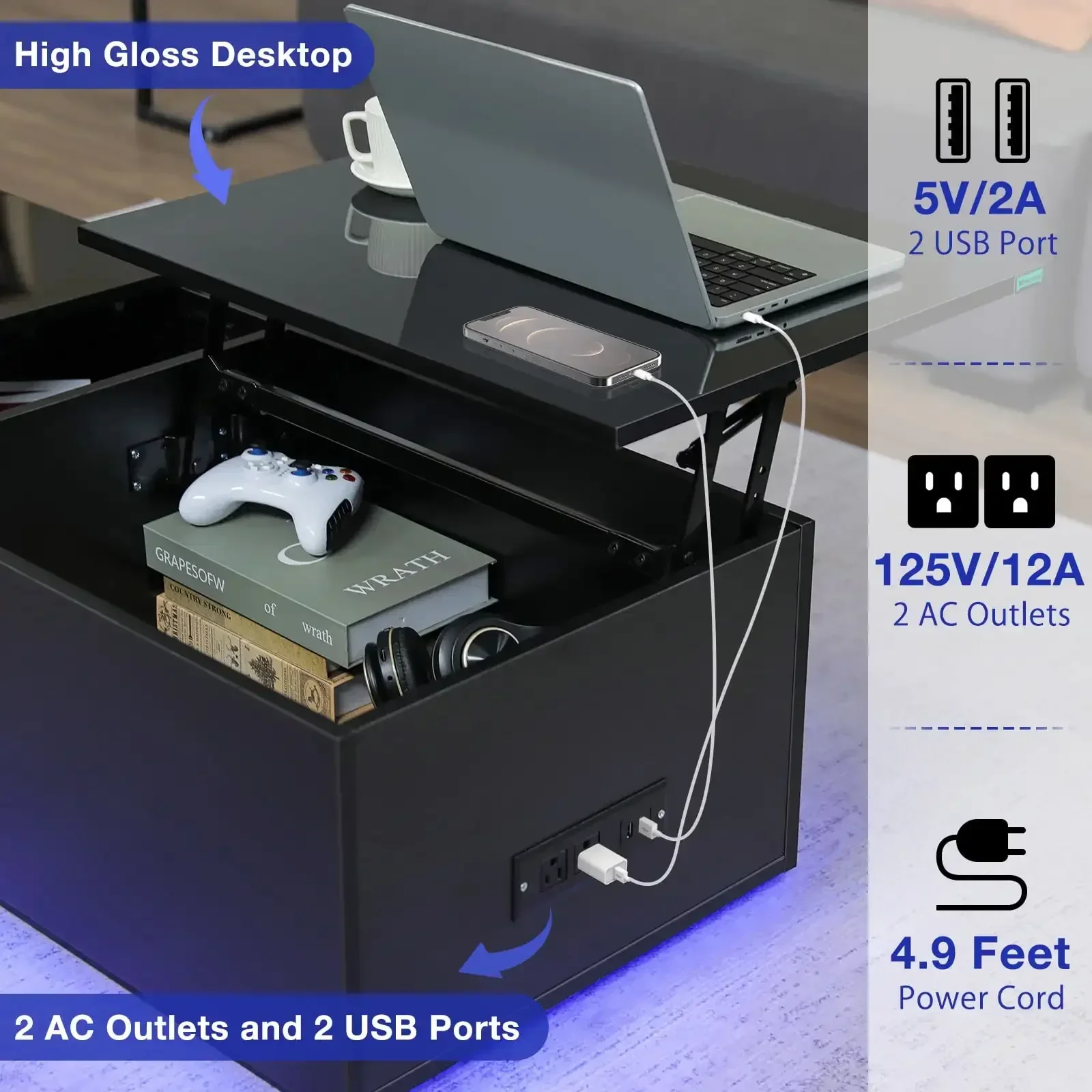 Mesa de centro LED con puertos y tomas USB, mesas de centro elevables con almacenamiento, mesa central alta y moderna para sala de estar y comedor