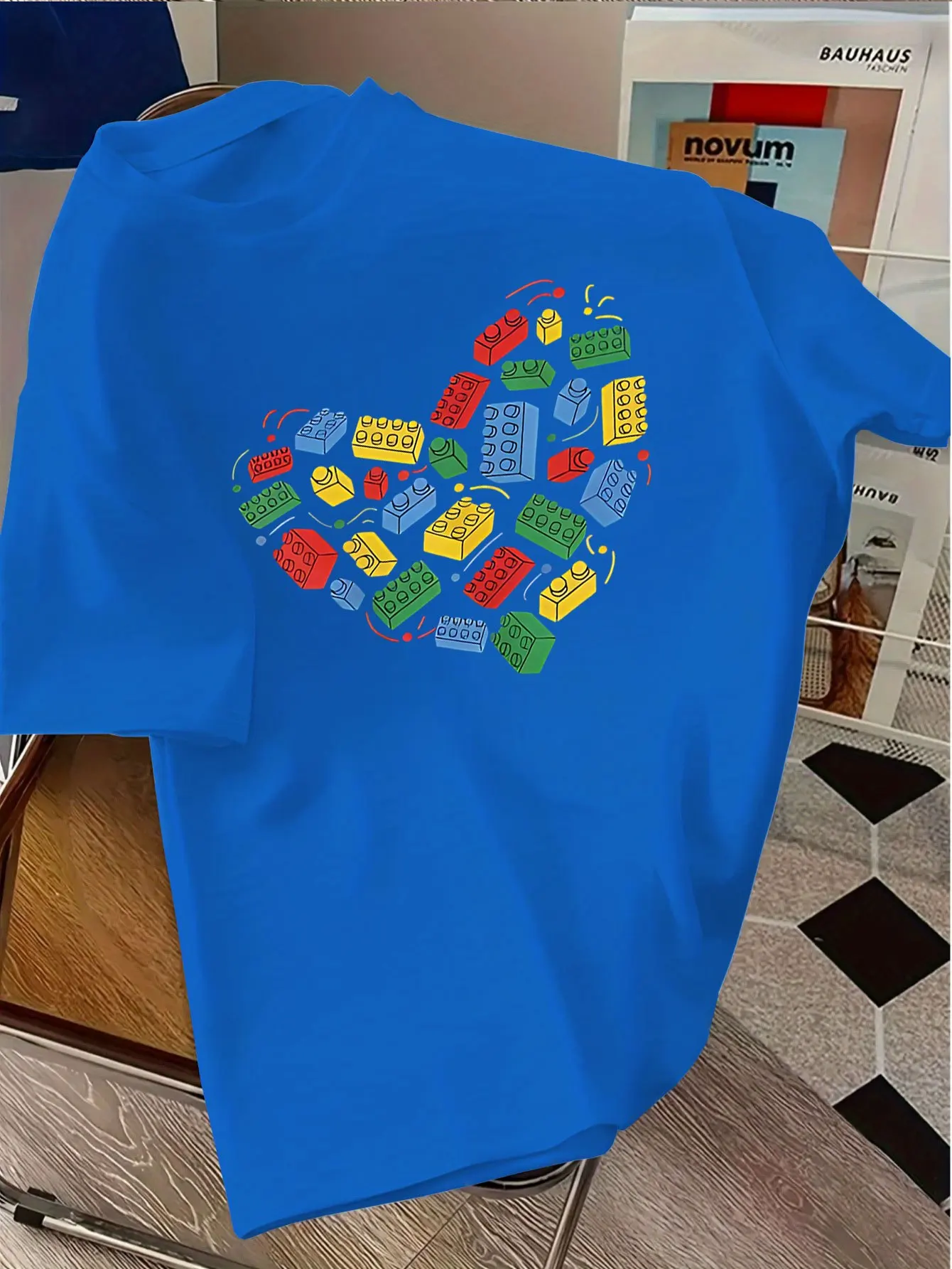 Kids  Cotton Tee Heart Shaped Colorful Building Blocks Puzzle Print Crew Neck Short Sleeve Toy Lover Toddler Casual Tops