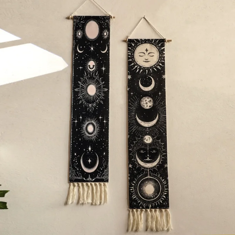 Bohemian Sun and Moon Hand Woven Tapestry with Fringe Artistic Print Pattern for Living Room Bedroom or Studio Wall Decor