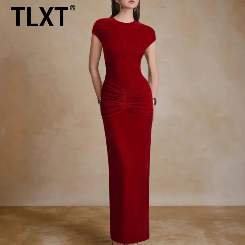 TLXT Moda Donna Elegante Abito da Sera in Velluto a Pieghe Vino Rosso Slim Fit Girocollo One-Step Manica Corta Primavera Nuovi Abiti