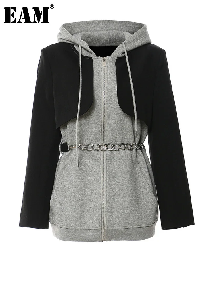 

[EAM] Loose Fit Gray Color-block Long Sweatshirt New Hooded Long Sleeve Women Big Size Fashion Tide Spring Autumn 2024 1DF3156