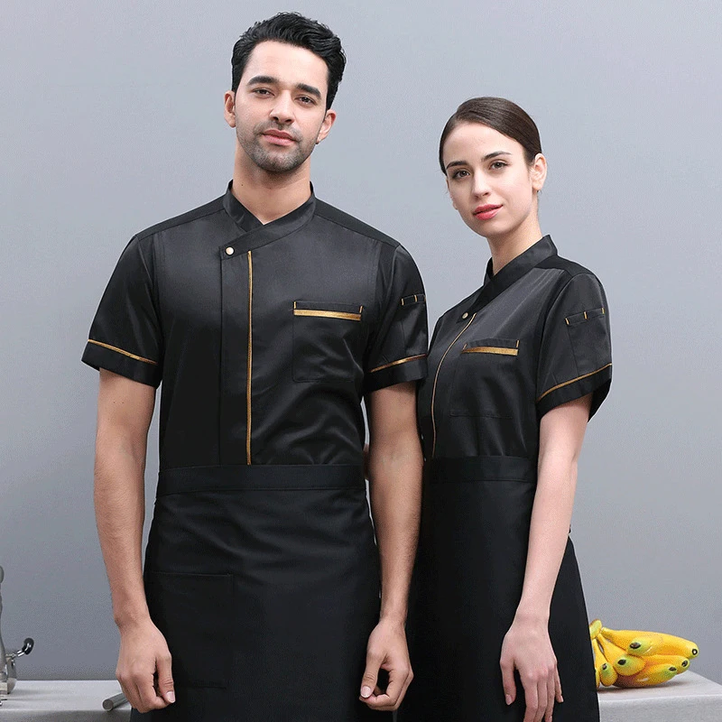 Abrigo de cocina para hombre y mujer, ropa de trabajo para hornear, comida, Catering, Hotel, chaqueta de Chef, uniforme de manga corta, Tops transpirables de seda helada de verano