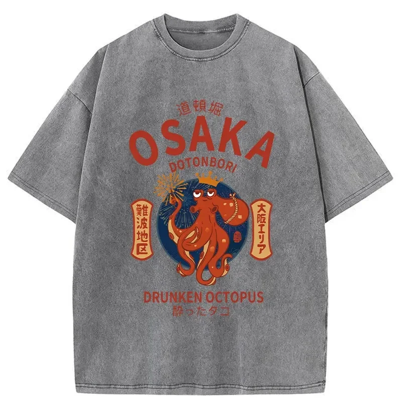 Osaka Dotonbori Drunken Octopus Graphic Men Washed T Shirts Japanese Street Food Lover Tshirt Cotton Vintage Short Sleeve Tees