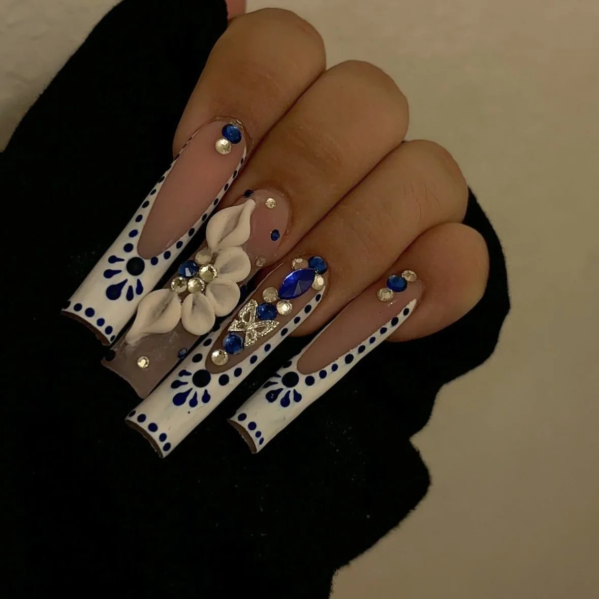 24Pcs Long Square French Fake Nail Blue Gradient Reusable Press on False Nails 3D Flower Butterfly Cherry Full Cover Nails Tips
