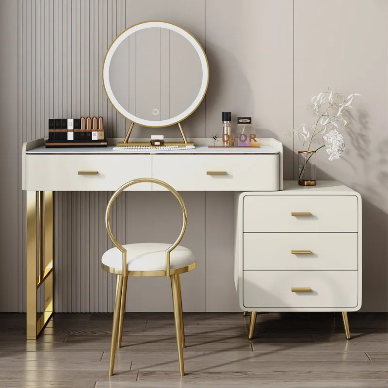 

Luxury Light Vanity Desk Economic Compact Cream Fluted Seat Mirror Dressing Table Cabinet Lounges Coiffeuse De Chambre Dresser