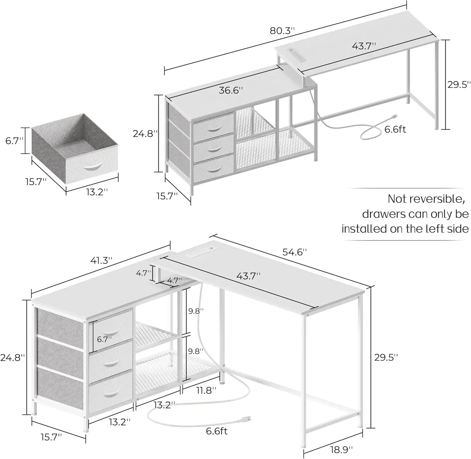 Shaped with Power Outlets, Computer with Drawers & Shelves, Corner Gaming Home Office  White