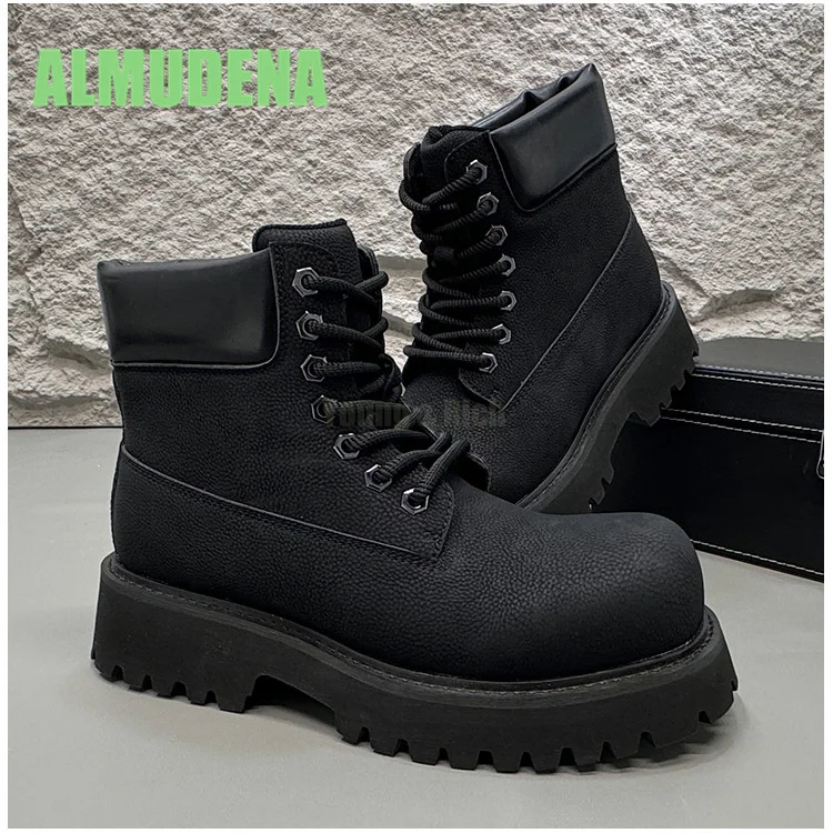 Men's Height Increasing Boots with British Style Fashionable Front Tie Design Thick Soled Motorcycle Workwear Short Boots - Image 5