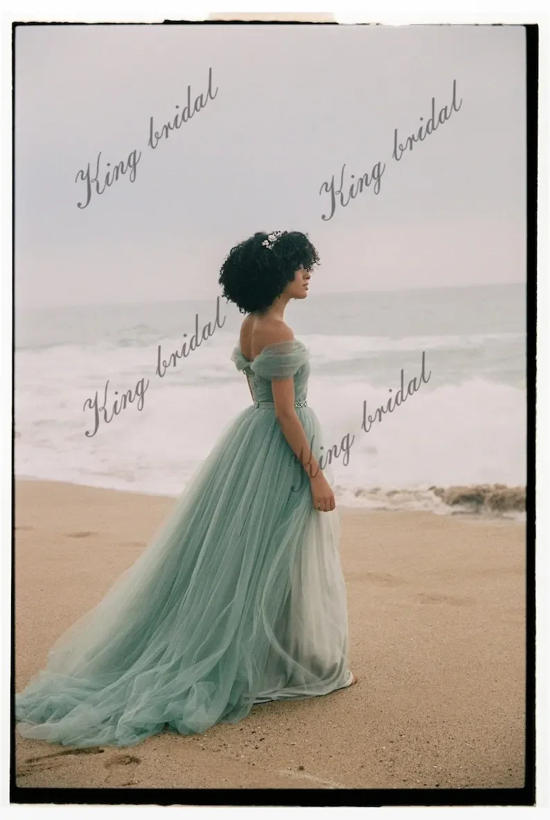 A Line Wedding Gown Elegant Dress Women for Wedding Party Evening Prom Dress Green Long Dress Tulle Off-shoulder Wedding