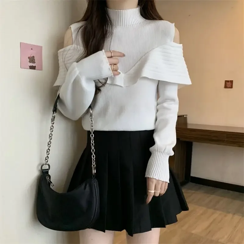2026 Spring Autumn Korean Hollowed Out Black White Casual Sweet Sweater for Women Off-shoulder Top Long-sleeved Knitted Sweater