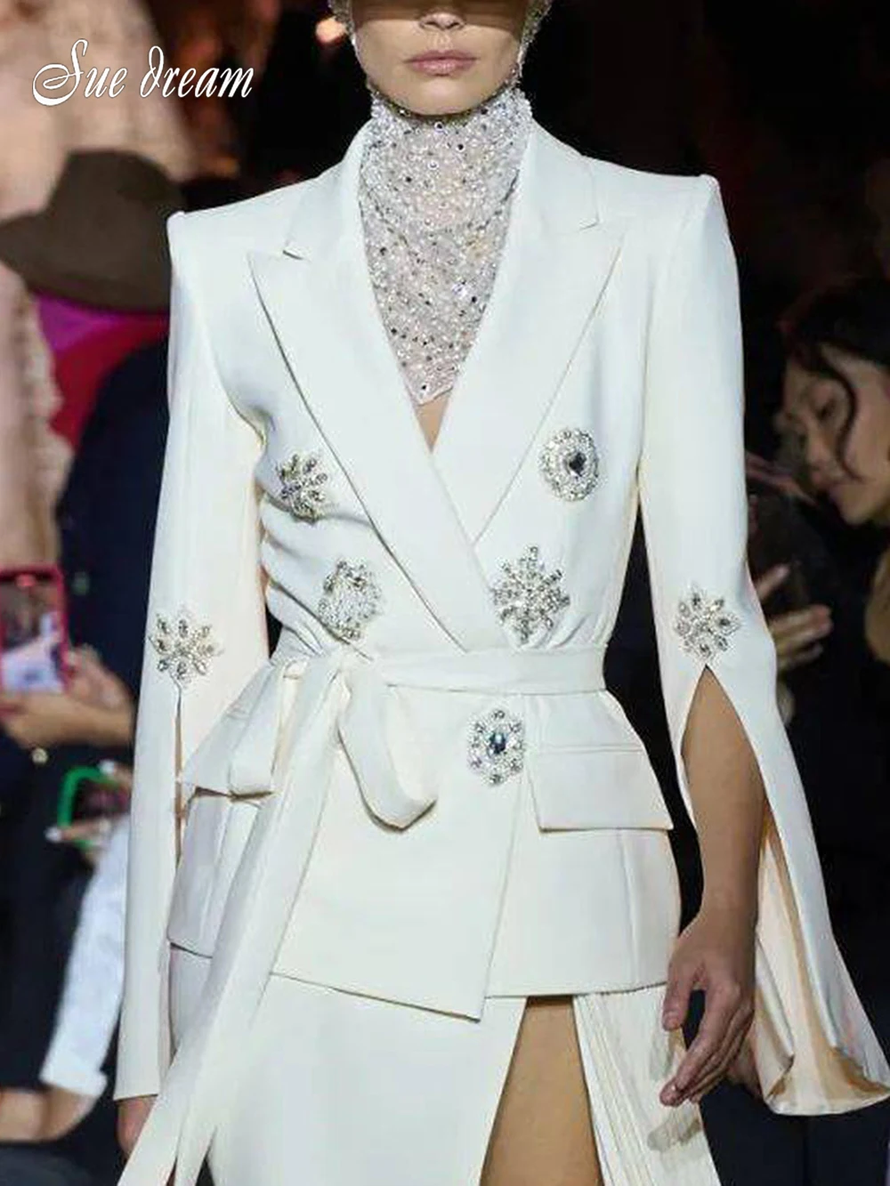 2023 New Women's Fashion Heavy Industry Long Sleeve Beaded Diamond Belt Suit Jacket Coat