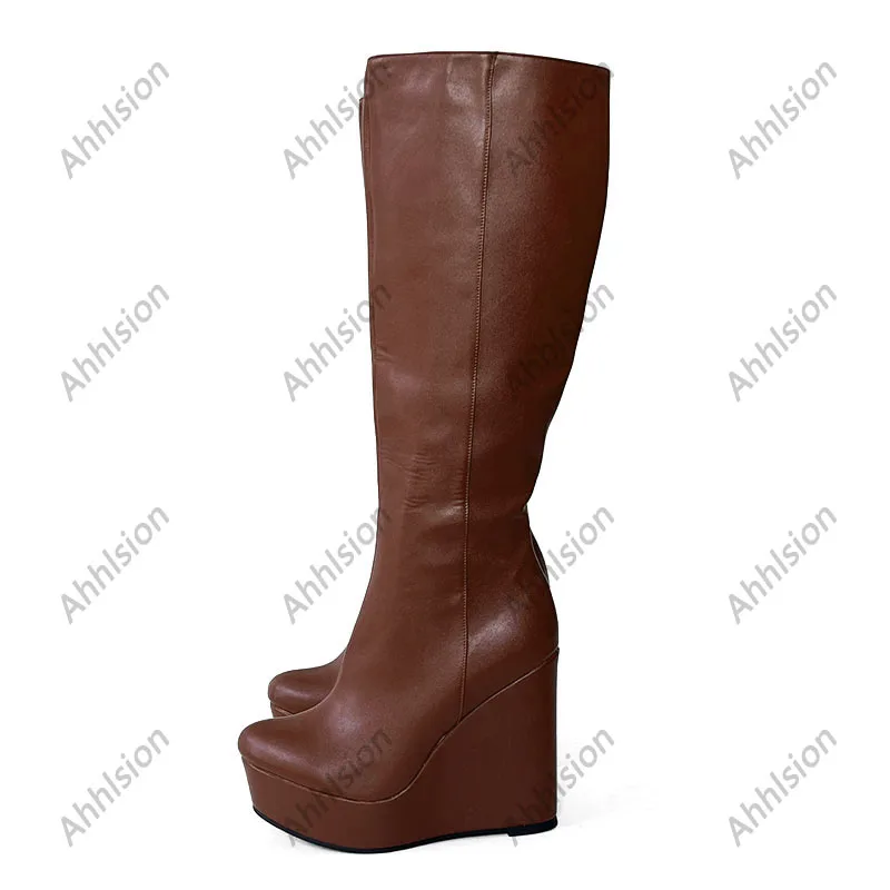 Ahhlsion Handmade Women Winter Knee Boots Stiff Matt Wedges Heels Round Toe Goregous Burgundy Shoes Ladies US Plus Size 5-20