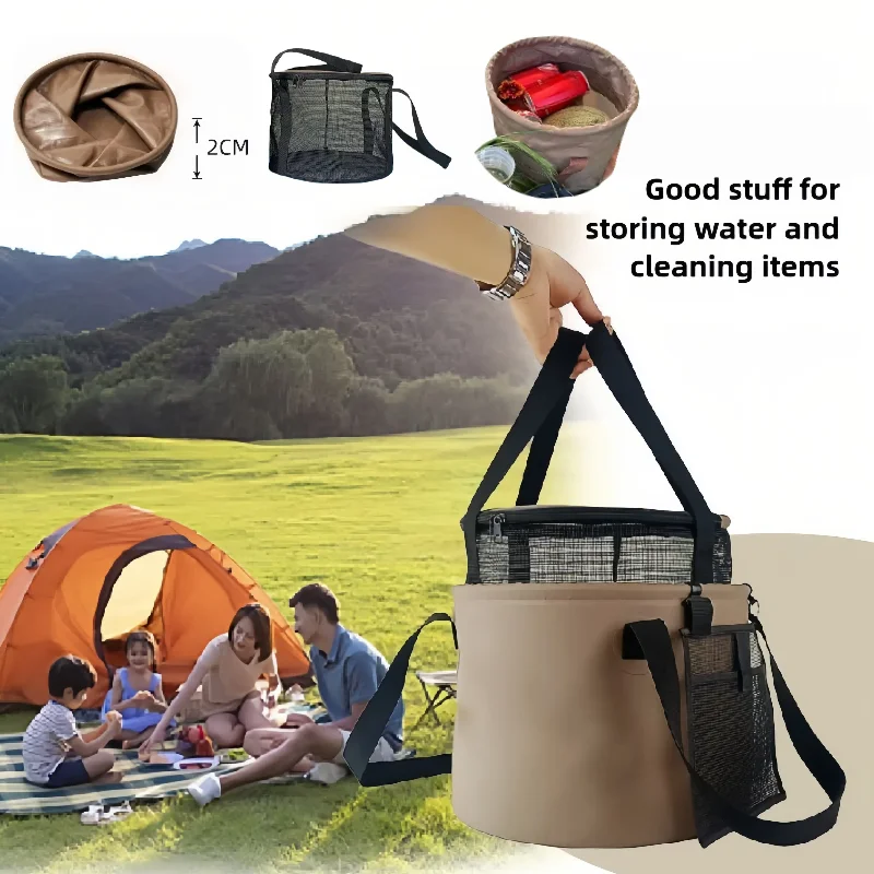 

20L Outdoor Portable PVC Bucket with Lid & Mesh Bag Foldable Camping Fishing Water Bucket Large Capacity for Car-mounted Travel
