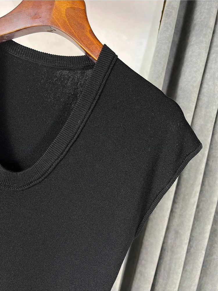 Ijs Zijde Gebreide Mouwloze Tops Zomer Chic Dunne Vrouwen Top Casual Veelzijdige Slim Fit Korte Mouw T-shirt Koreaanse Stijl Kleding