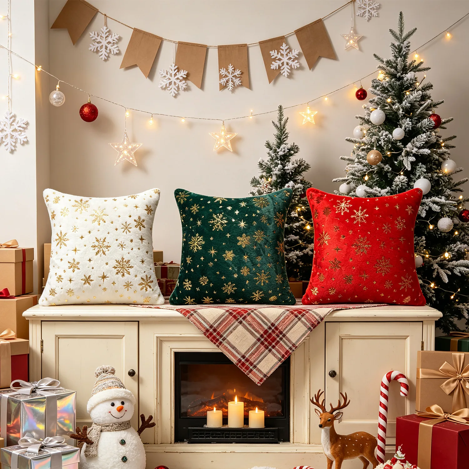 Christmas-themed sofa pillow covers with gold-embroidered snowflake patterns; festive home decor (pillow inserts not included)