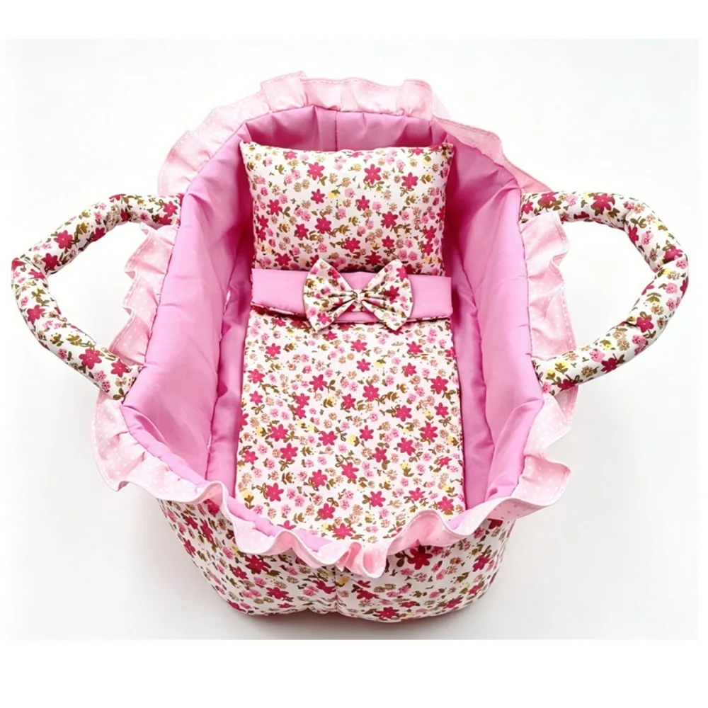 Hand-pull Design Doll Basket Soft Ruffled Design Dollhouse Accessories Pink Gingham Washable Material Pretend Play Toys