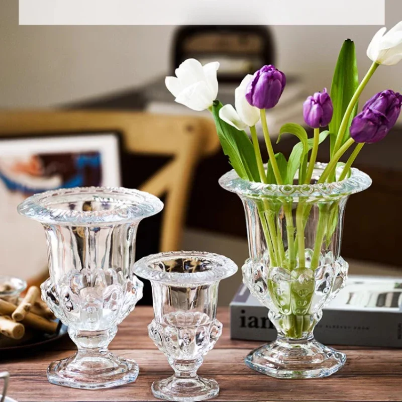 Hochwertige Transparente Glasvase Ornamente Französischer Retro-Relief Feng Shui Kultur Blumen Wohnzimmer Blumenarrangement