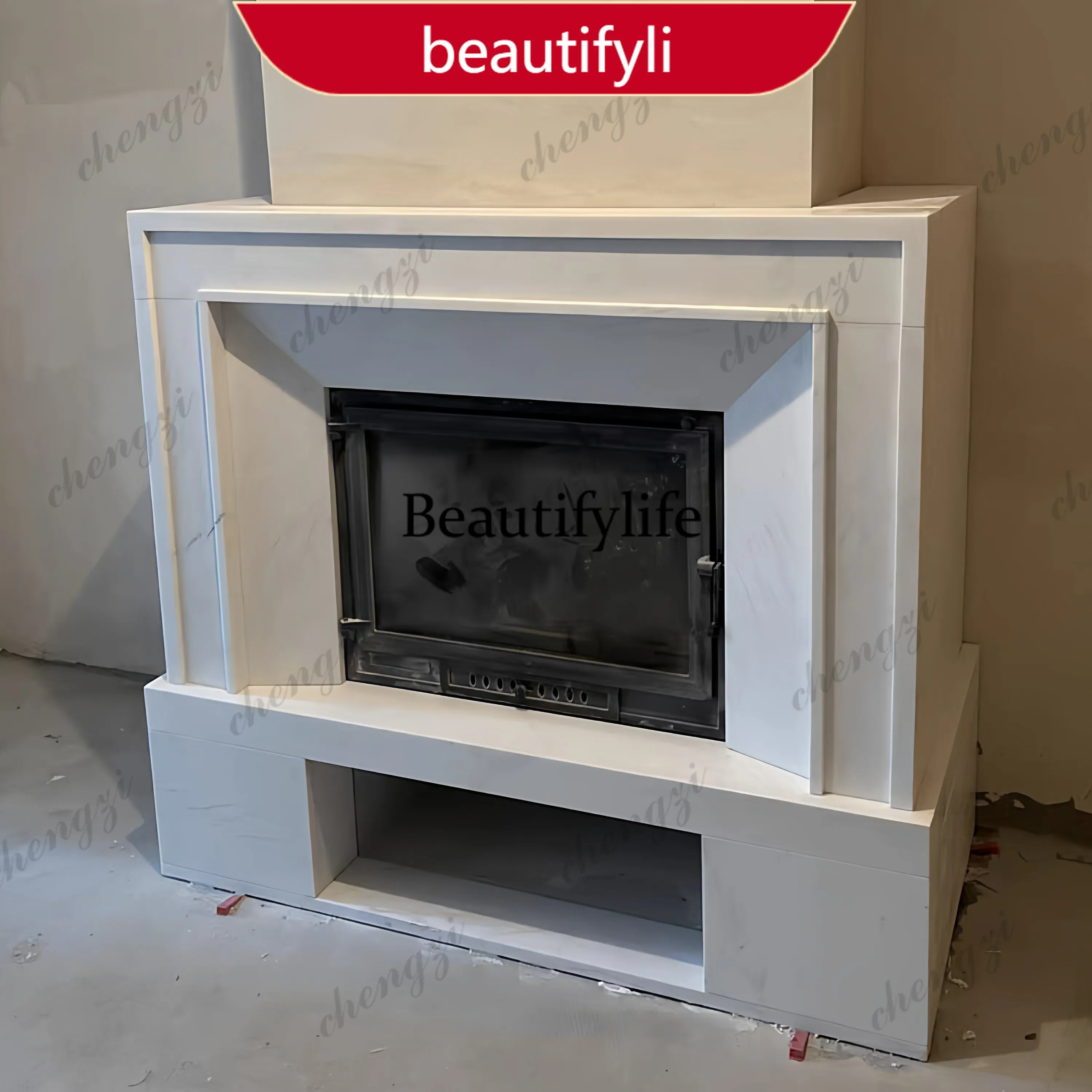 02A Marble fireplace French retro living room natural white cave stone fireplace rack decorative cabinet