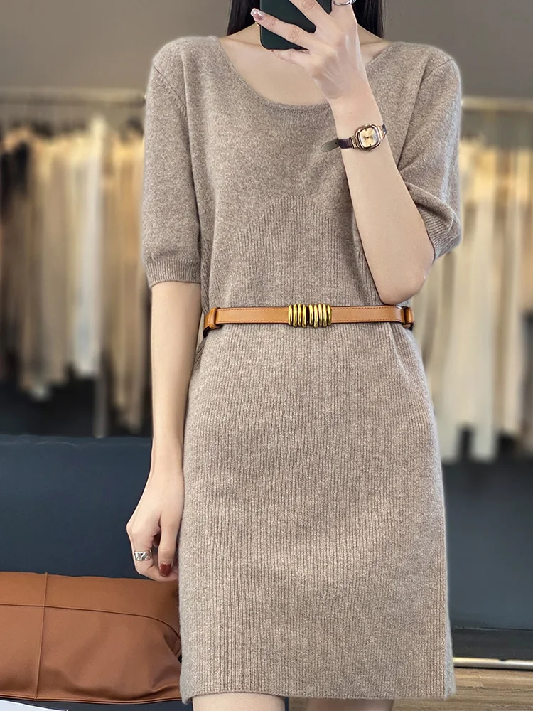 

100% Pure Wool Short-Sleeved Dress Women U-Neck Mid-Length Skirts Casual Loose High Waist Pullover Sweater Spring New Knit Skirt