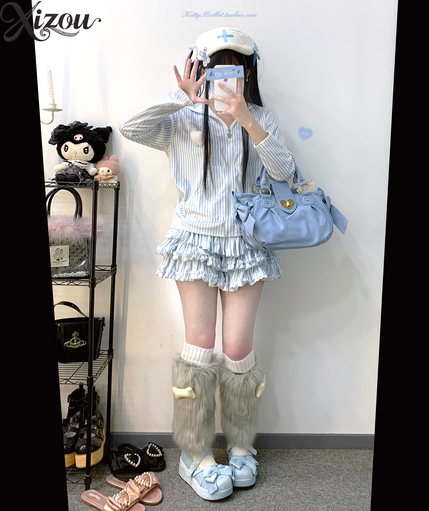 2025 سلسلة الألغام اليابانية مجموعة مخططة الطبية مقنعين زمم البلوز كعكة تنورة JK تأثيري آذان أرنب Y2K الزي الحلو الصيف #5