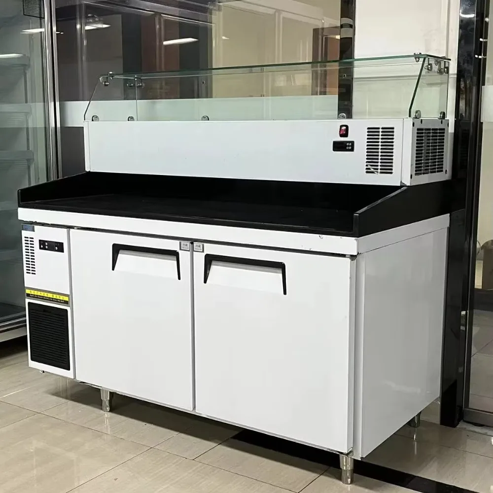 Refrigerated Pizza Table  Stainless Steel Glass Door Display Commercial  Refrigerator, Portable 2-Door Salad & Food Cooler