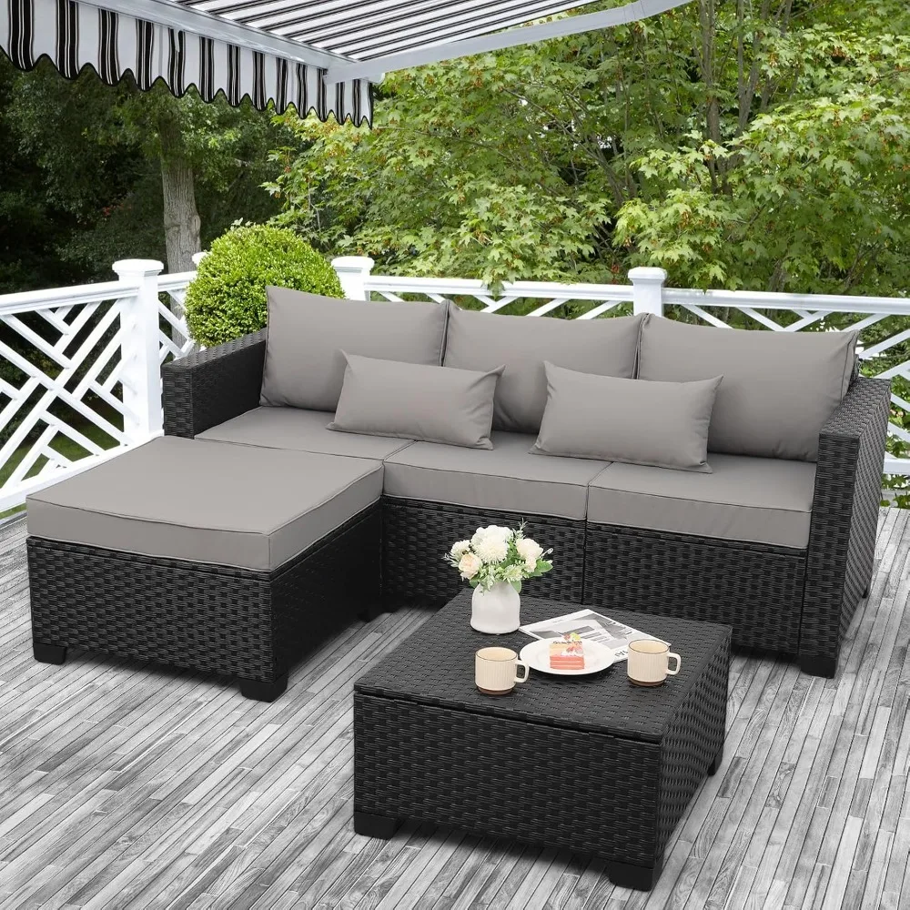 3-Piece Outdoor Wicker Sectional Sofa with Ottoman, Storage Table, All-Weather Cushions & Waterproof Covers, Custom