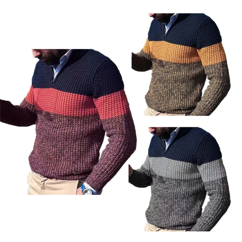 Maglione lavorato a maglia con colletto rovesciato color block da uomo - Grigio (giallo/arancione rosso) M-2XL Autunno Inverno Nuovo