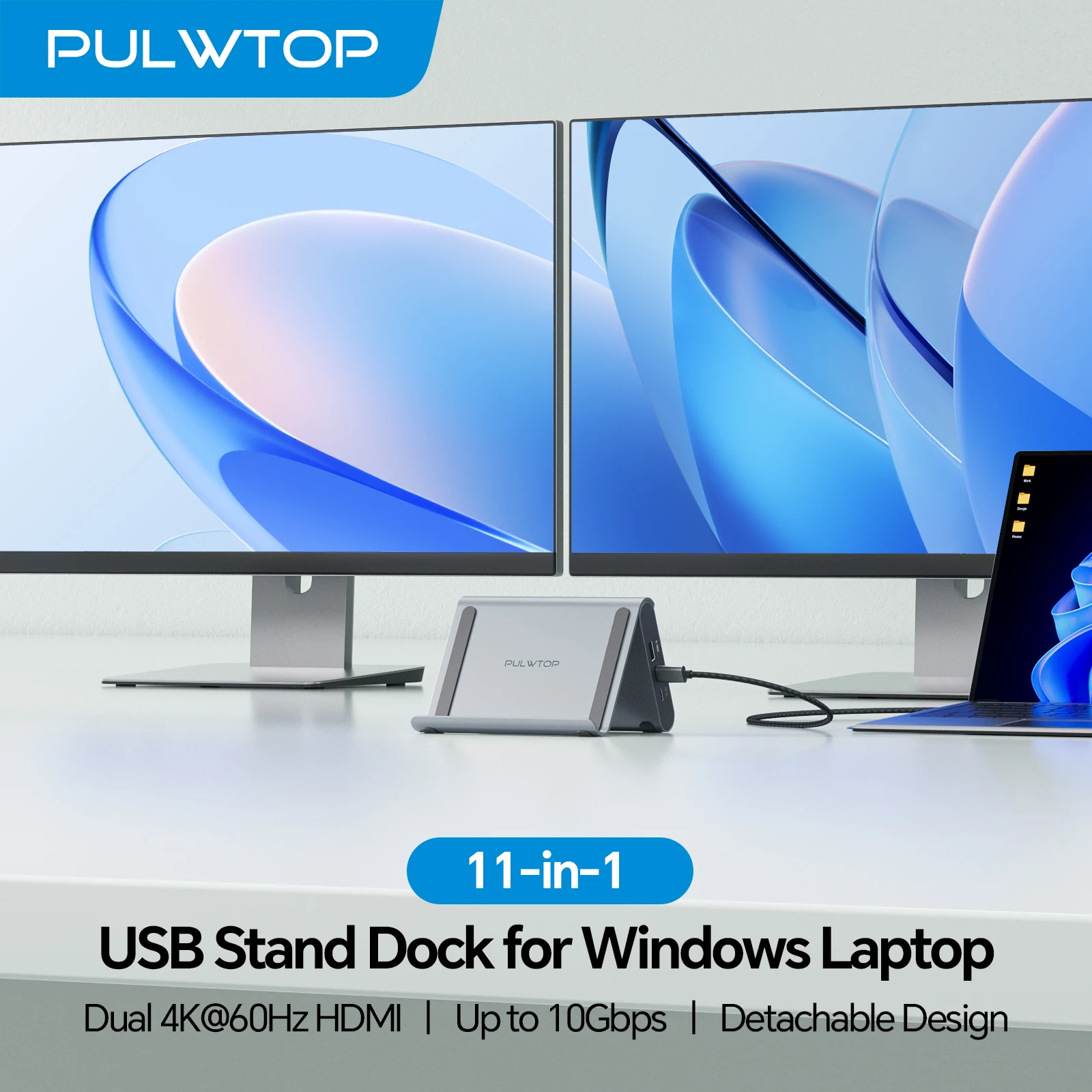 PULWTOP USB C Docking Station with 2 HDMI 4K, USB-C/A 10Gbps,  USB-A 5Gbps, RJ45, PD for Surface Pro 11/10/9/8/Dell/HP/Lenovo