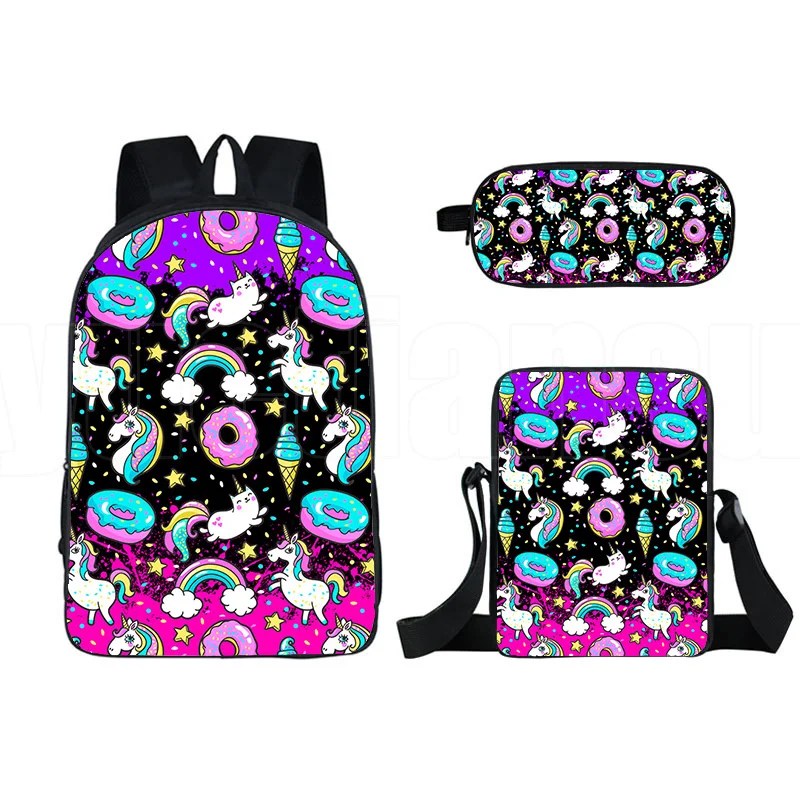 Cartoon arco-íris rosa Unicórnio Mochila, 3D Print School Student Bookbag, mochila para laptop, bolsa de ombro, estojo, novidade, 3pcs por conjunto