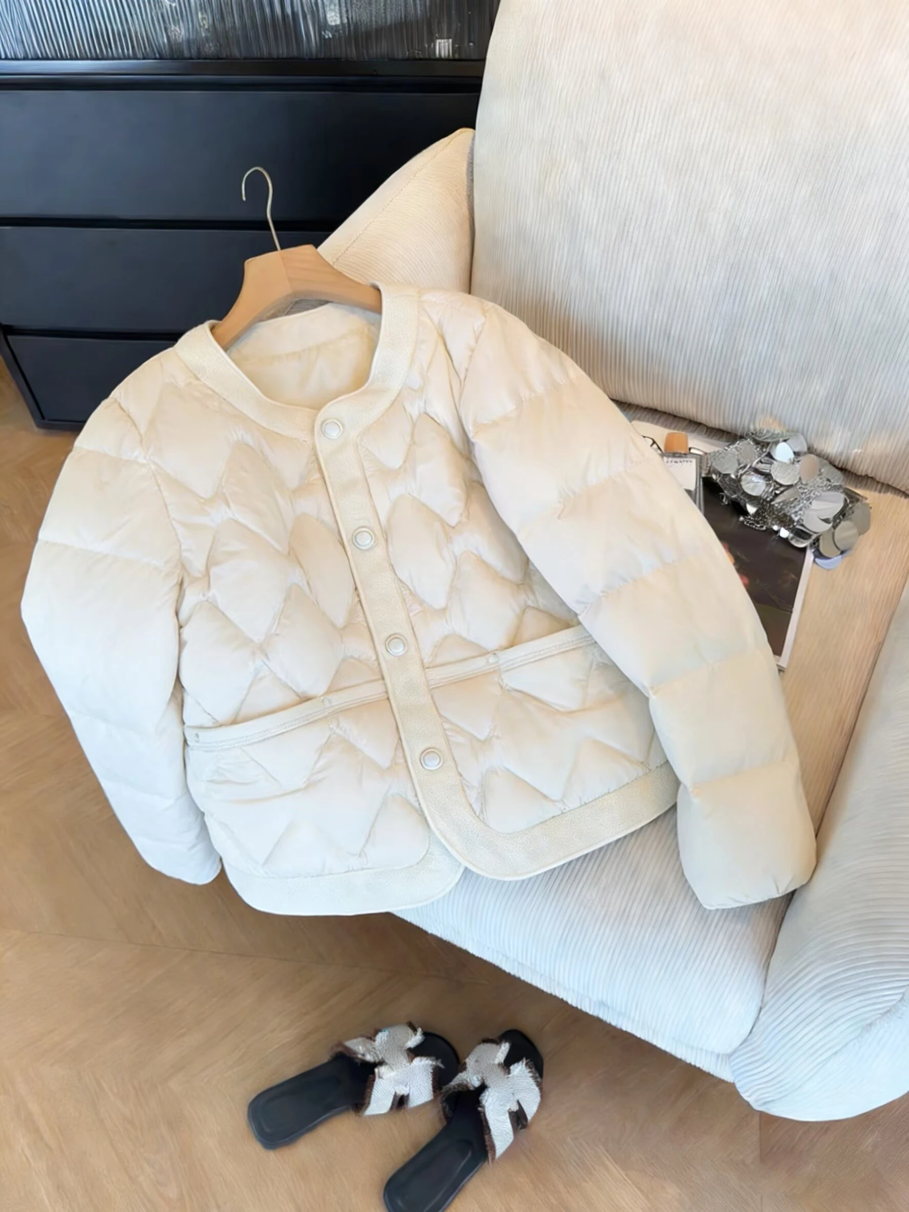 

Женская легкая хлопковая куртка Ele White Diamond Pattern с круглым вырезом и одной пуговицей для осени и зимы