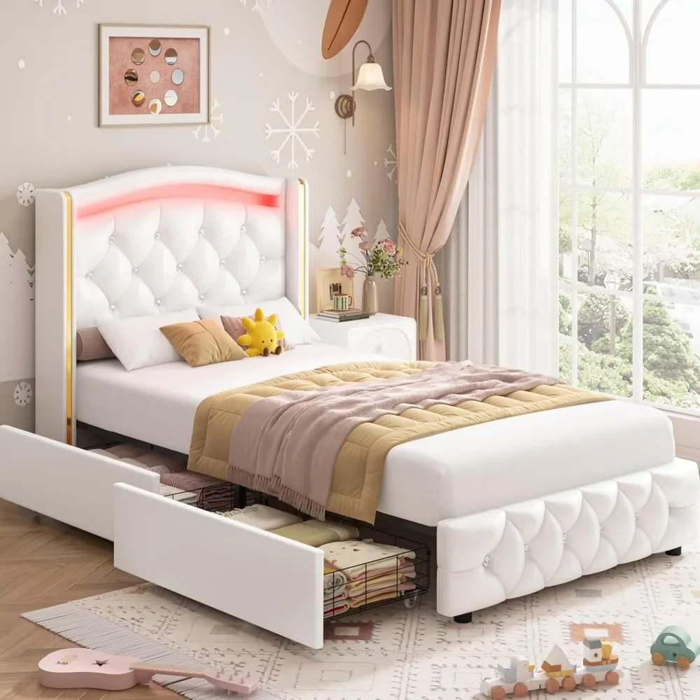 Full Smart LED Platform Bed Frame with 4 Storage Drawers,Modern PU Upholstered White /No Box Spring Needed/Easy Assembly