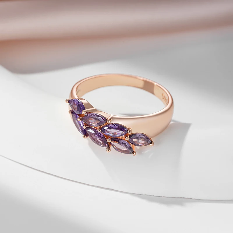 SYOUJYO Fine 585 Gold Color Rings For Women Purple Leaf Natural Zircon Trendy Jewelry Luxury Rings