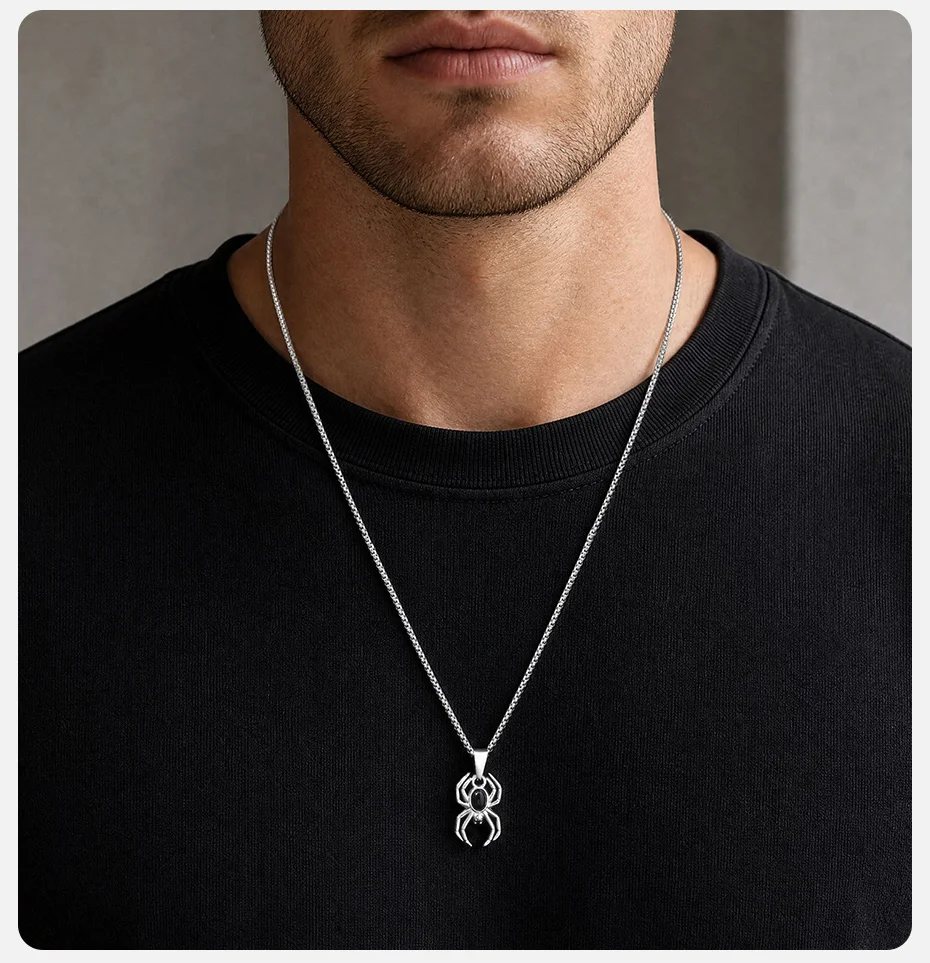 Vnox Spinnen-Anhänger Halskette für Männer, Edelstahl mit natürlichem schwarzem Achatstein, Tier-Halskette, Punk-Gothic-Schmuck Geschenk – Detail 3