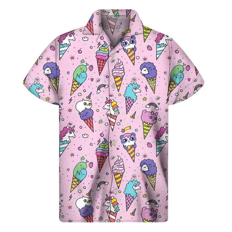 Camisa havaiana estampada em 3D para sorvete masculino e feminino, camisa de lapela, blusa de manga curta, camiseta extragrande, desenhos animados, verão, 2024