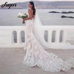 Robe de mariée sirène sexy en dentelle perlée, robe de patients, bretelles spaghetti, appliques en dentelle, taille personnalisée