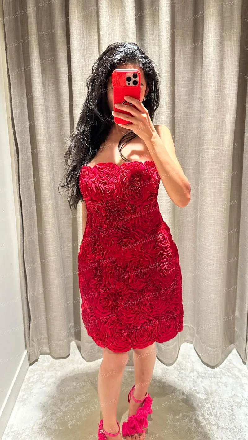 Strapless Red Mini Length Flowers Dress Straight Bodycon Party Dresses Custom Made 2024 New Fashion Gown Plus Size Floral Gowns