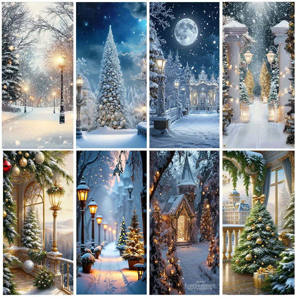 

White Winter Snow Scene Backdrop Christmas Door Curtain Banner Glitter Forest Xmas Family Indoor Outdoor FamilyParty Decorations