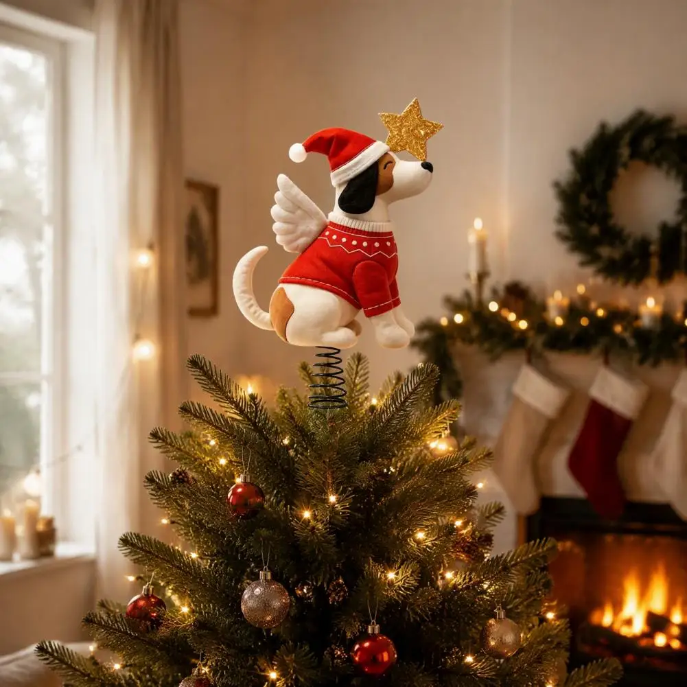 Puppy Holiday Decoration Felt Dog Christmas Tree Topper Plush Angel Ornament with Santa Hat Glitter Star Holiday Decor for Xmas