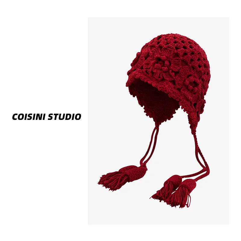 Women's Handmade Flower Knit Beanie, Double Layer Braided Earflap Winter Hat, Warm Versatile Crochet Cap with Tassel