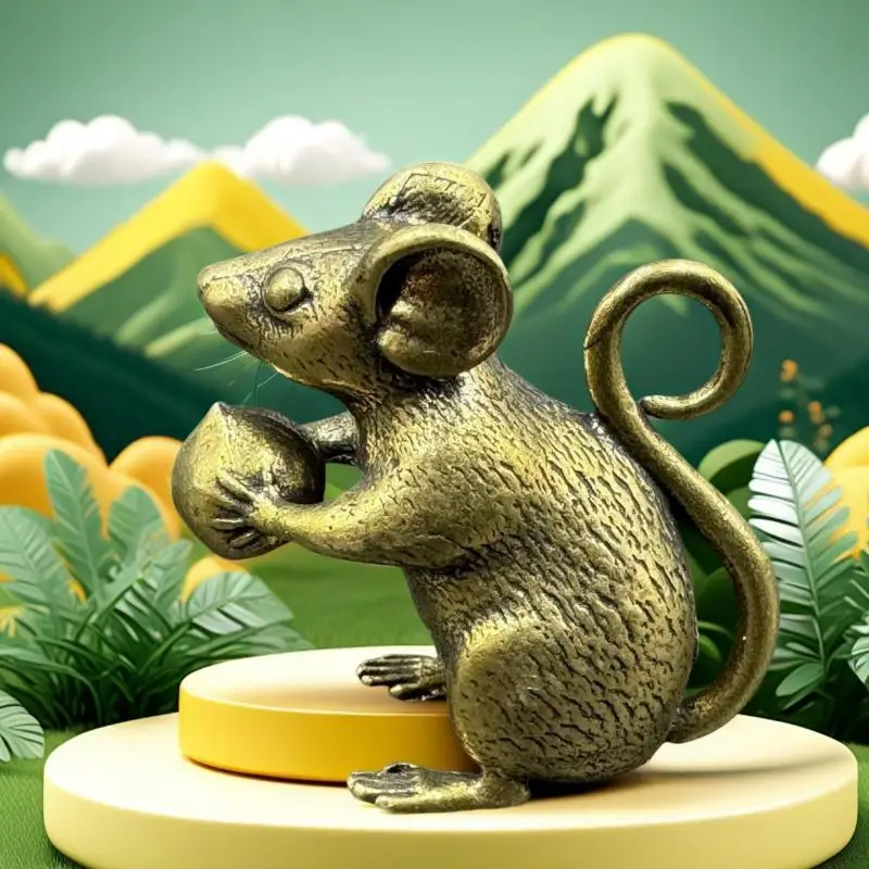 Brass Cute Mouse Peach Miniature Figurine, Tea Pet Table Ornament Rat Statue Home Decor