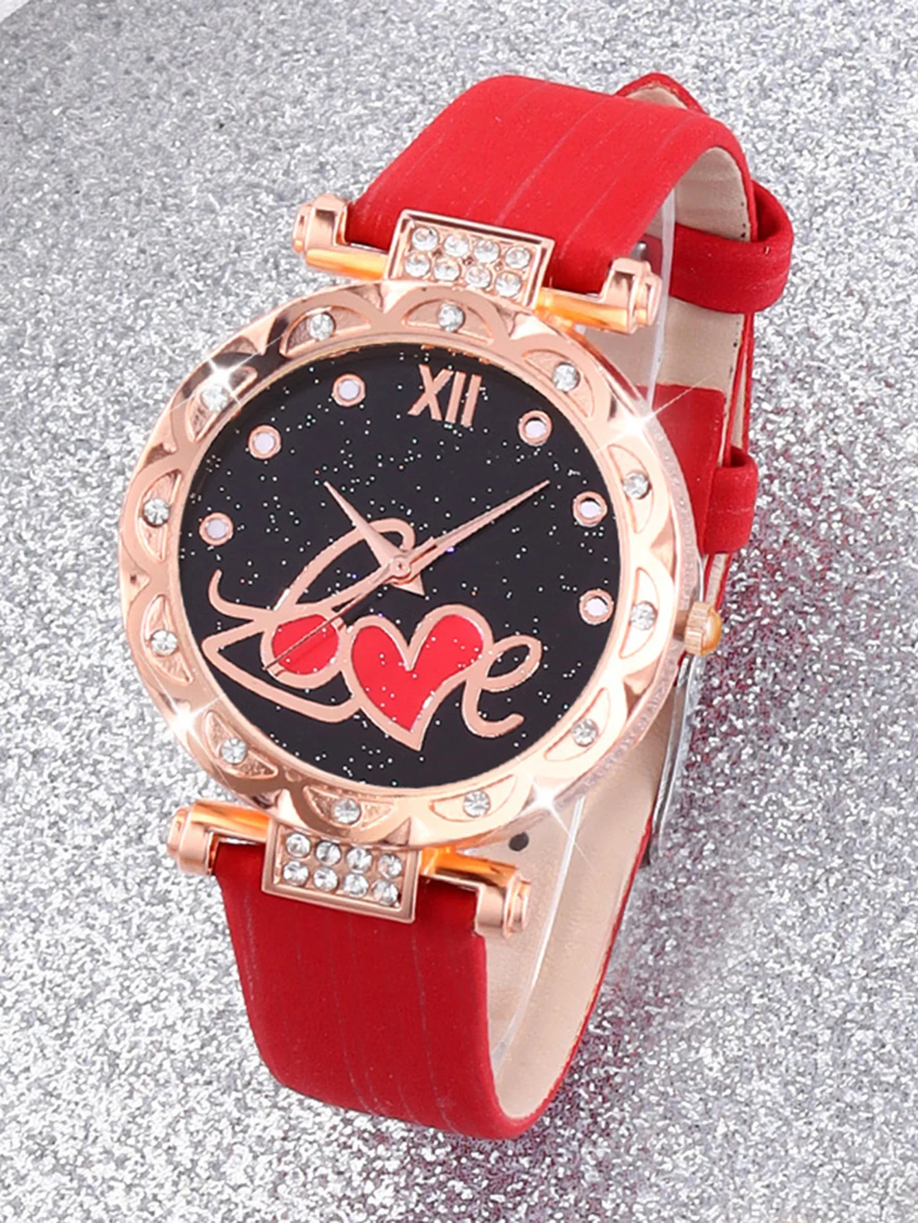 School style LOVE fashion red women\'s quartz watch and butterfly earrings necklace set back-to-school gifts