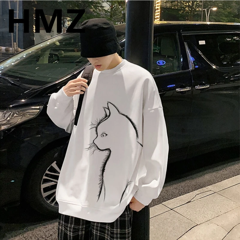 HMZ Fashion Brand Hip Hop Sweatshirts Men Autumn Cotton Sweatshirts New Casual Cat Pullover Street Wear Clothes Men Harajuku Top