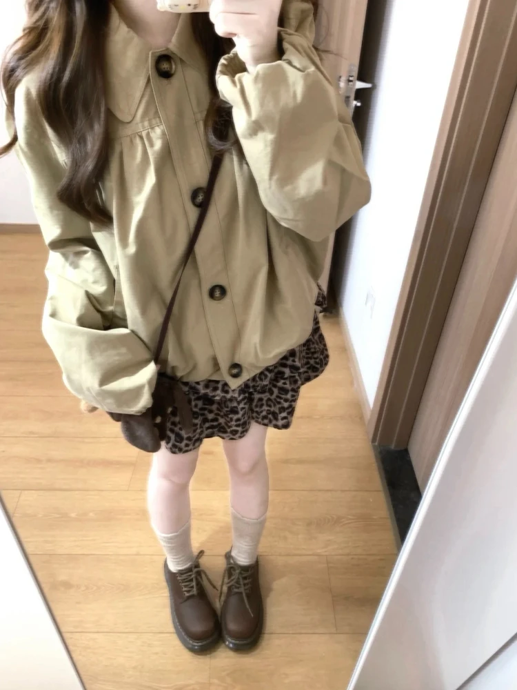 Vintage Khaki Cargo Jacket Women Button Front Drop Shoulder Loose Fit Cropped Streetwear Korean Fashion Casual Outerwear Coat