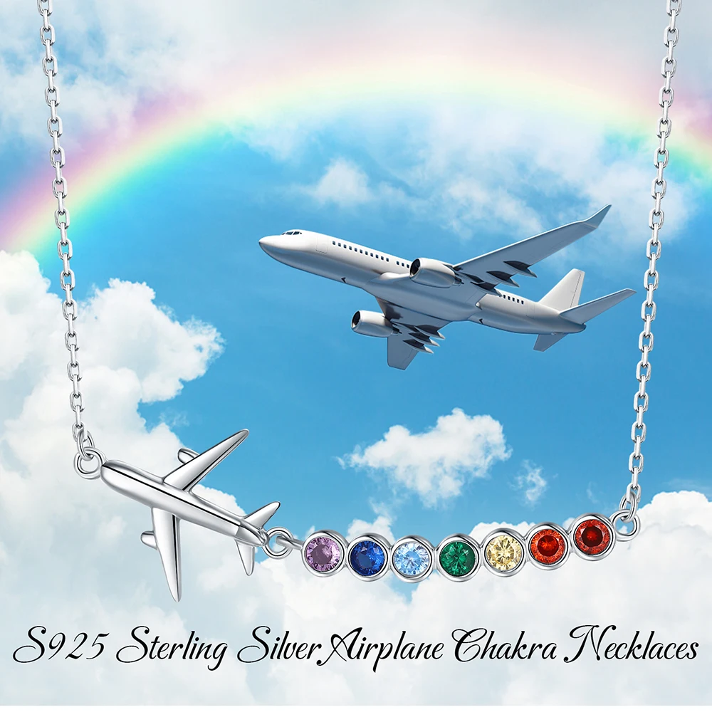 Sparkling Rainbow Crystal Airplane Necklaces 925 Sterling Silver Travel Jewelry Mother's Day Gifts For Women Teen Girl Daughter