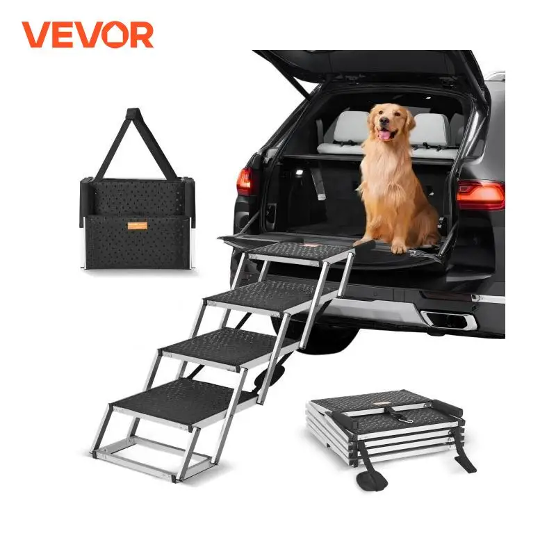 VEVOR Dog Stair for Cars Wide 4-step Dog Car Steps Folding Portable Pet Steps Lightweight Aluminum for Car SUV and Truck 150 lbs