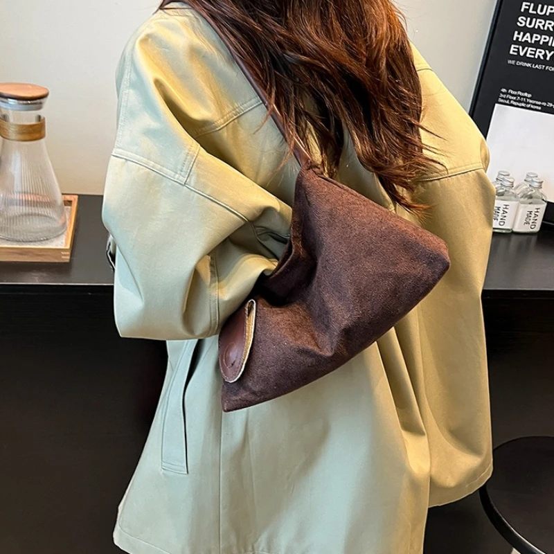 

Vintage Women Suede Hobo Bag with Minimalist Leather Trim Underarm Bag Casual Soft Crescent Shoulder Purse for Daily Commute