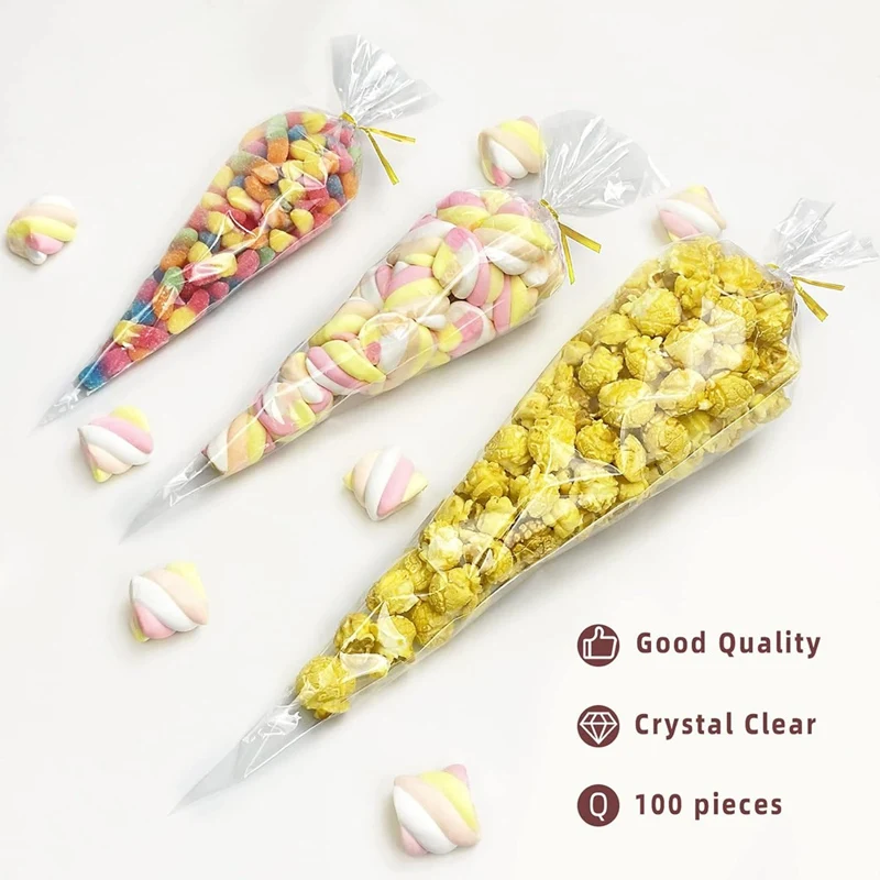 50 Stück klare Kegel-Süßigkeits-Aufbewahrungsbeutel, kegelförmige transparente Plastiktüten, Popcorn-Süßigkeitstüten für Babyparty, Hochzeit, Party,