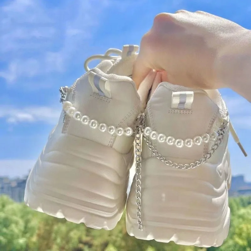 Pearl Chain Platform Sneakers White Buffalo Shoes Women Vintage Chunky Sports Vulcanize Kawaii Korean Casual Tennis Female New