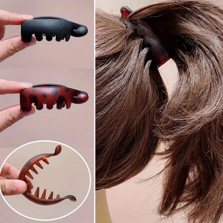 Retro non-slip banana hair clip, oval design, leopard print, amber and black, comfortable to wear without damaging hair, securely holds ponytails, buns, and curls