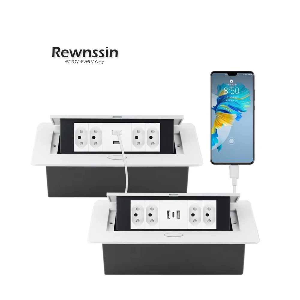 

Standard Brazilian Hidden pop-up table socket, 220V, with USB, type-C fast charging, black white and silver Embedded metal panel